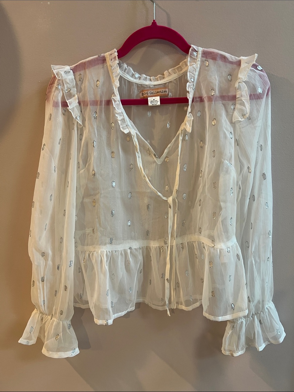 Sheer Ruffle Tie-Neck Blouse in Ivory with Metallic Accents